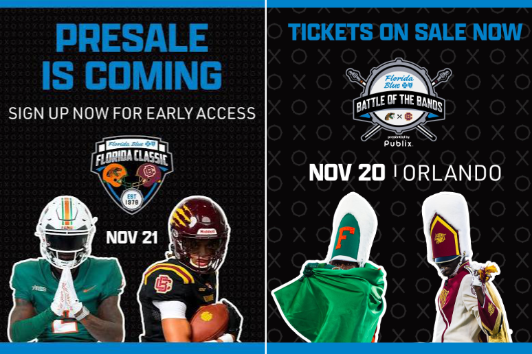 Florida Blue Florida Classic ad featuring Florida A&M and Bethune-Cookman football players and marching bands, November 21, 2026, in Orlando.